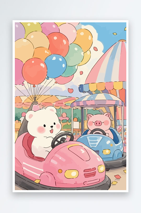 Q版游乐城开碰碰车的小猪元素-众图网