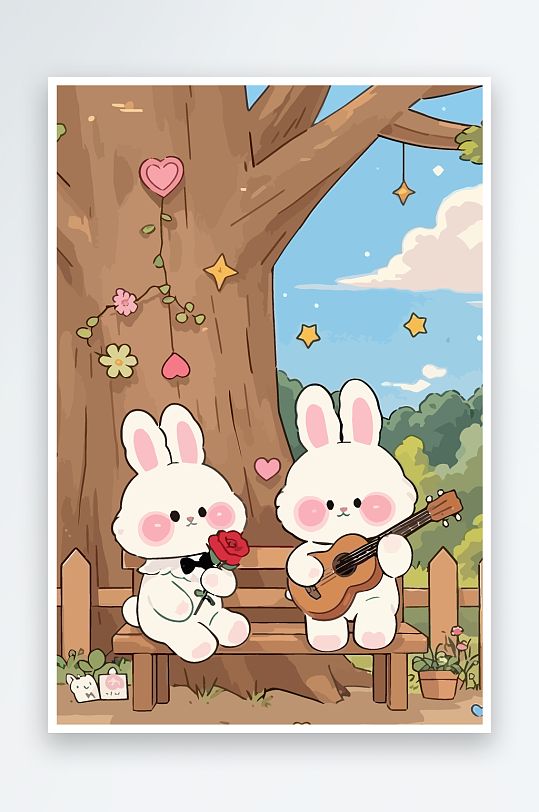 Q版两只兔子坐在大树下-众图网