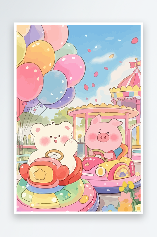 Q版游乐城开碰碰车的小猪元素-众图网