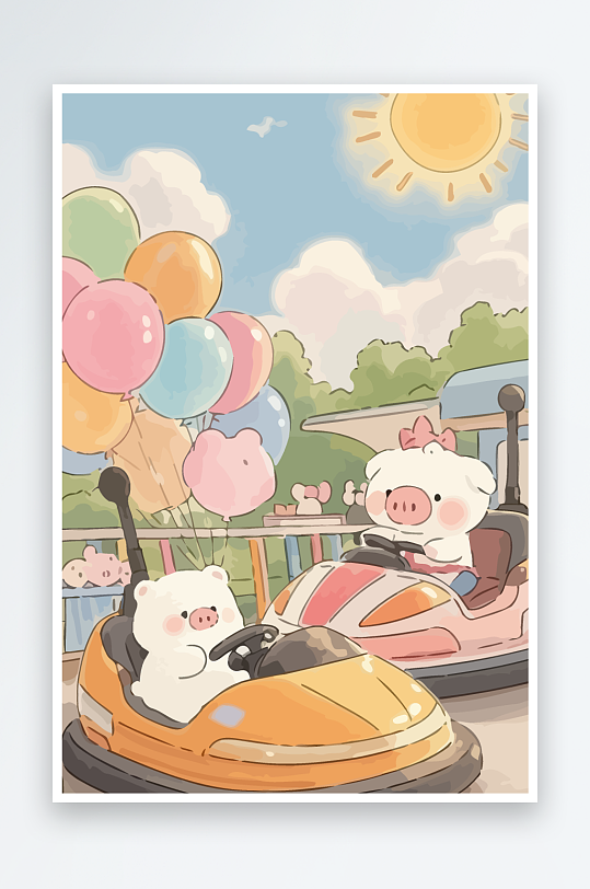 Q版游乐城开碰碰车的小猪元素-众图网