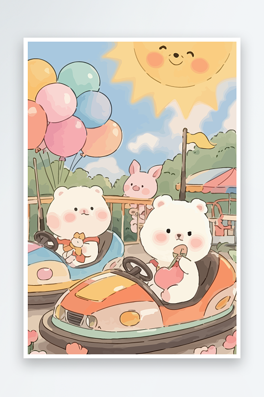 Q版游乐城开碰碰车的小猪元素-众图网