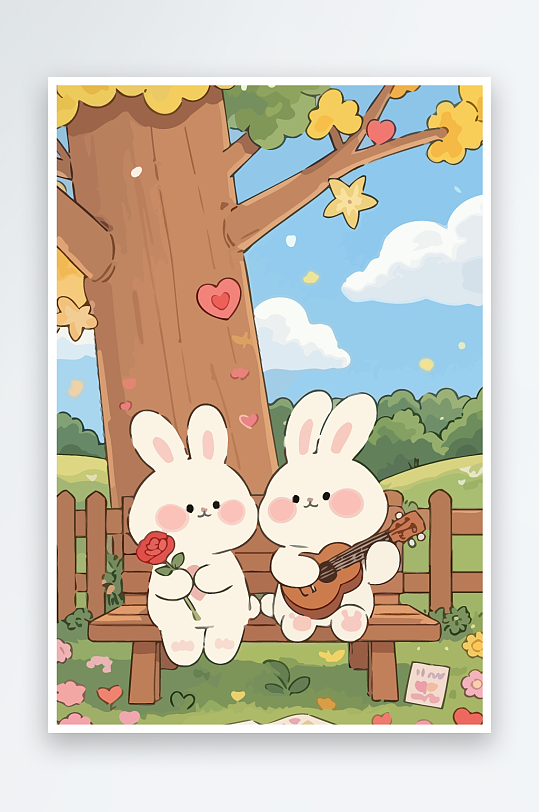 Q版两只兔子坐在大树下-众图网