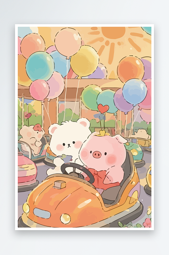 Q版游乐城开碰碰车的小猪元素-众图网