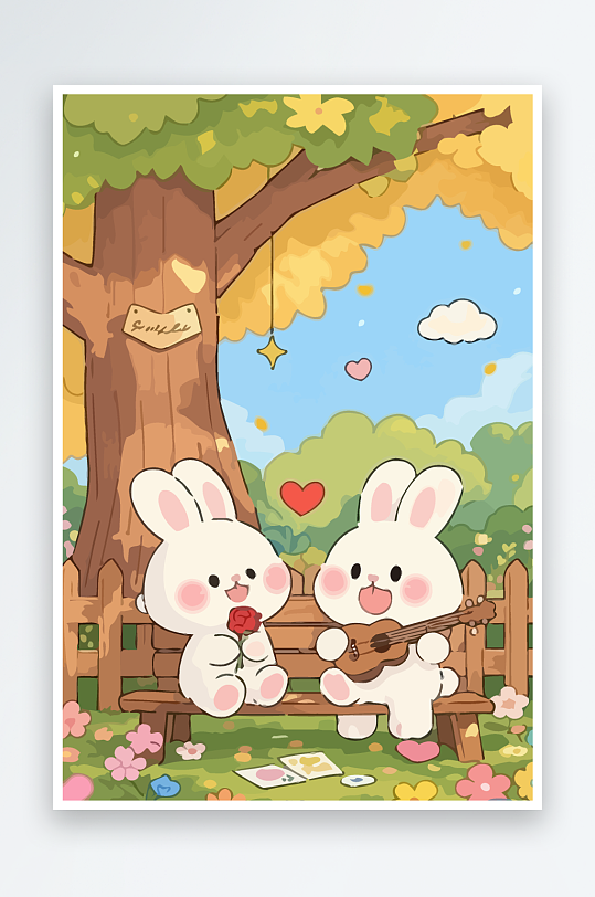 Q版两只兔子坐在大树下-众图网