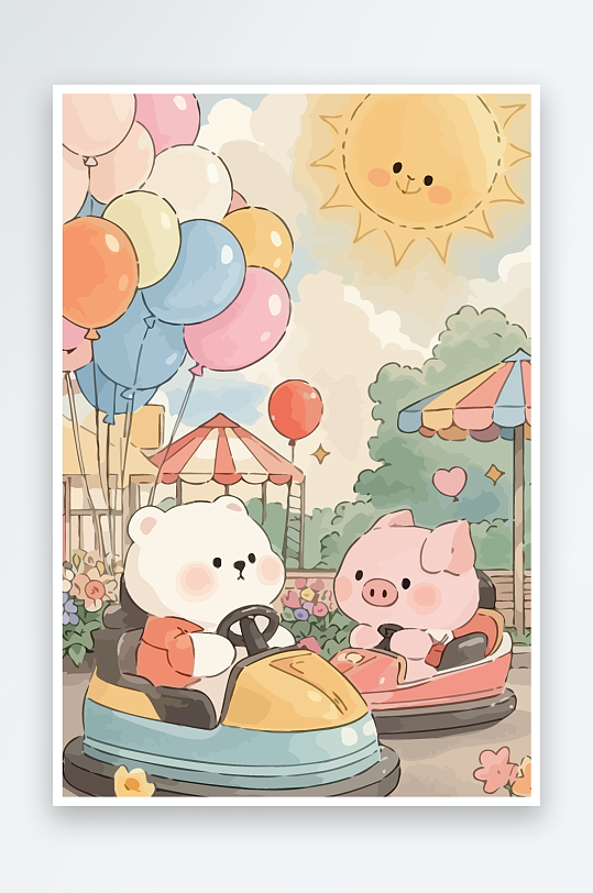 Q版游乐城开碰碰车的小猪元素-众图网