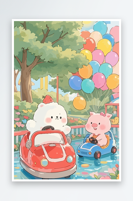 Q版游乐城开碰碰车的小猪元素-众图网