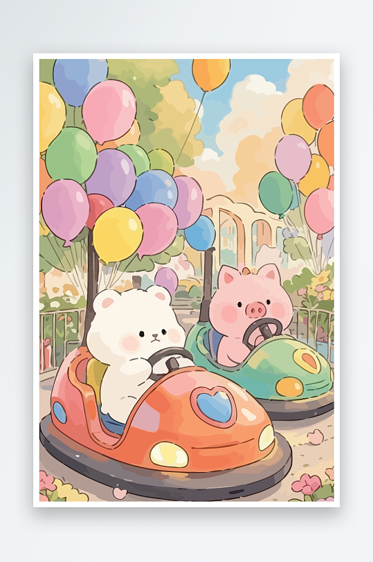 Q版游乐城开碰碰车的小猪-众图网
