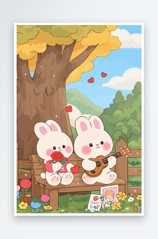 Q版两只兔子坐在大树下-众图网