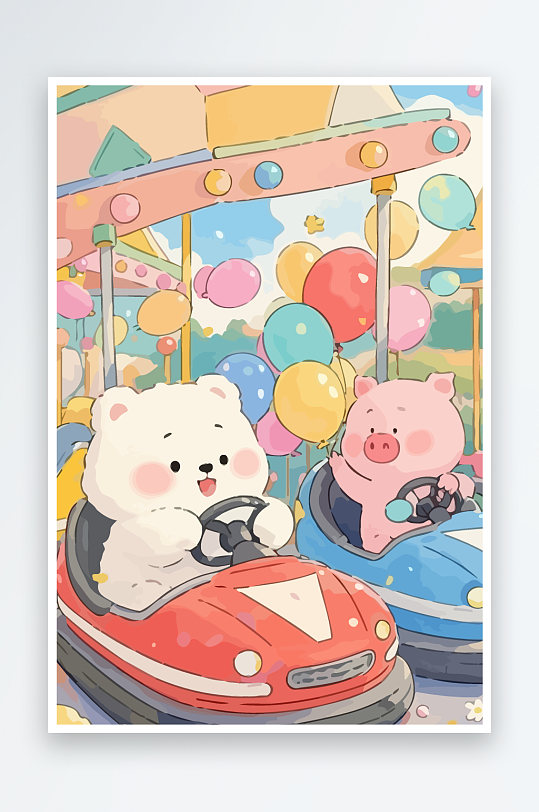 Q版游乐城开碰碰车的小猪-众图网