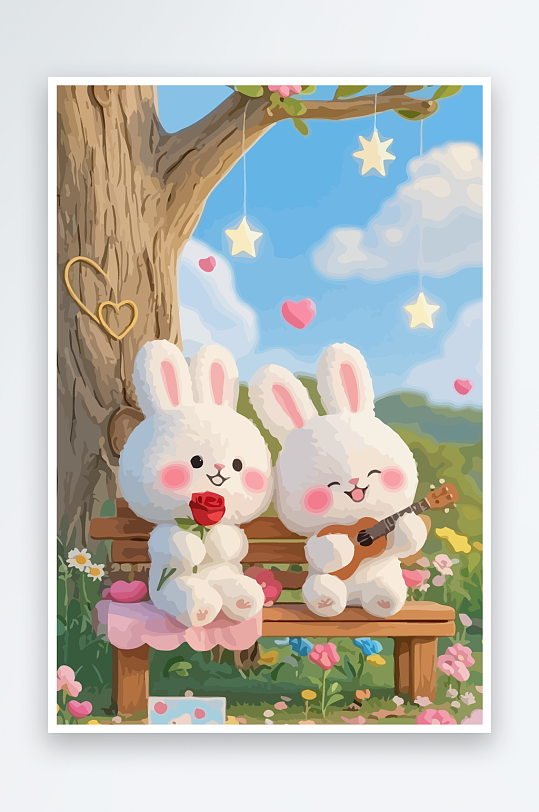 Q版两只兔子坐在大树下-众图网