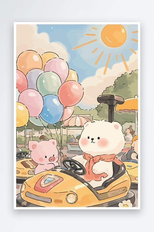 Q版游乐城开碰碰车的小猪-众图网