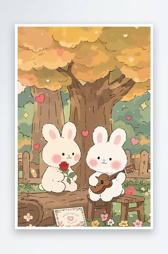 Q版两只兔子坐在大树下-众图网