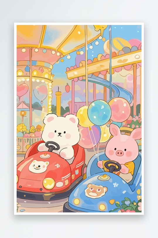 Q版游乐城开碰碰车的小猪-众图网