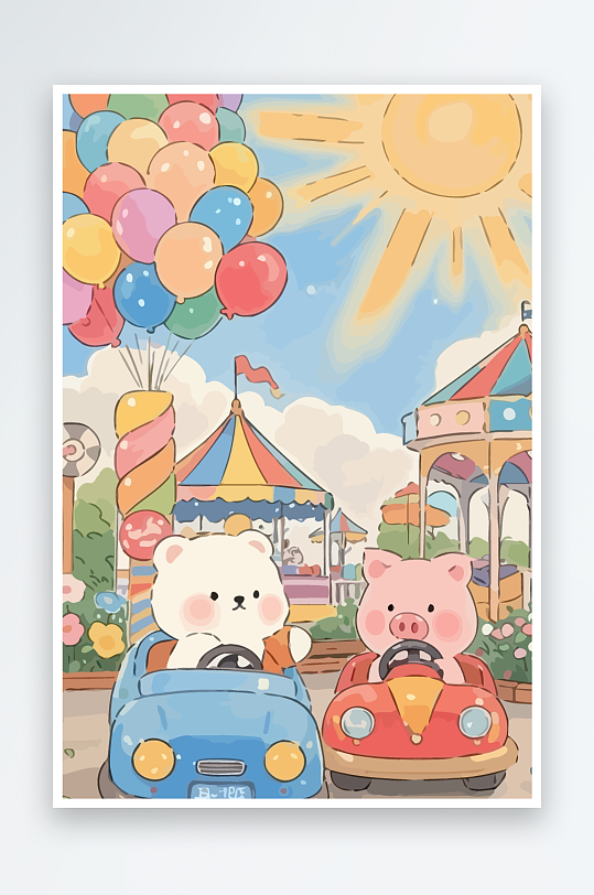 Q版游乐城开碰碰车的小猪-众图网