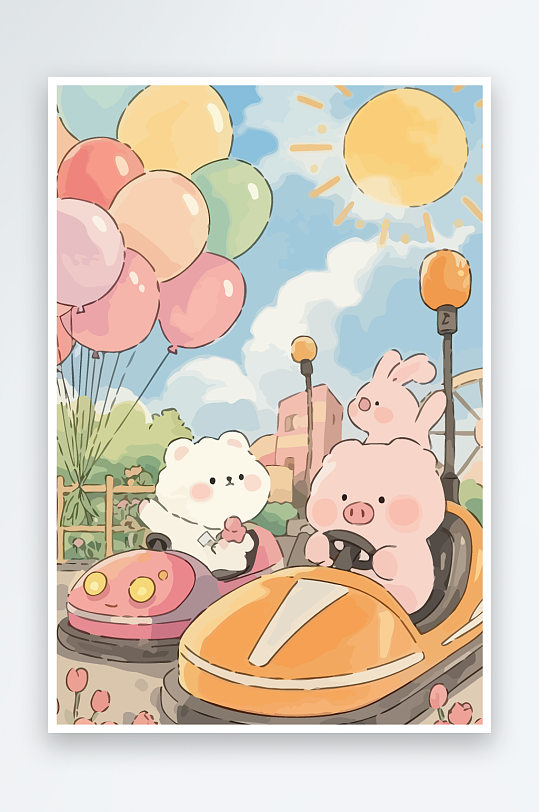 Q版游乐城开碰碰车的小猪-众图网