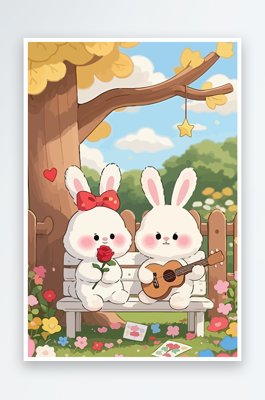 Q版两只兔子坐在大树下-众图网