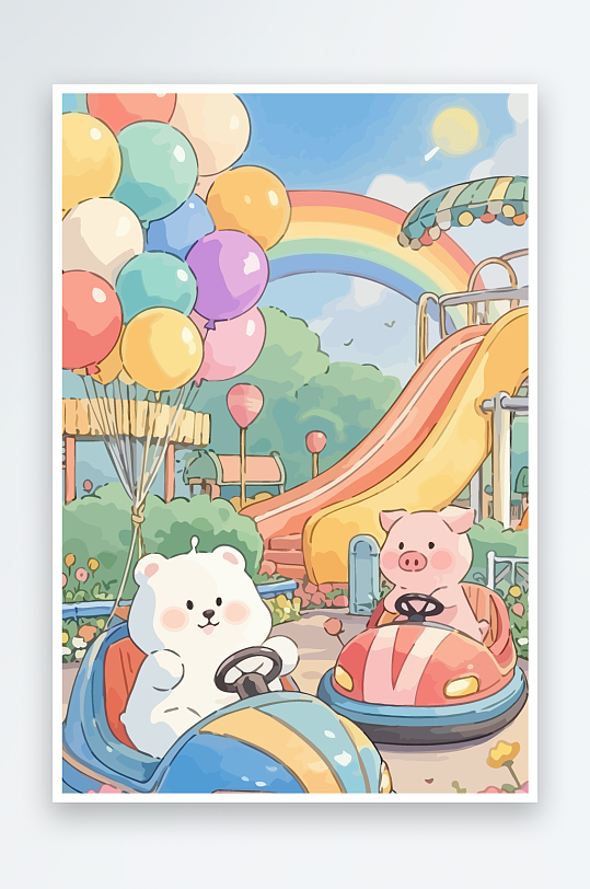 Q版游乐城开碰碰车的小猪-众图网