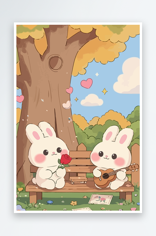 Q版两只兔子坐在大树下-众图网