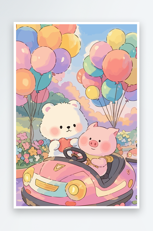 Q版游乐城开碰碰车的小猪元素-众图网