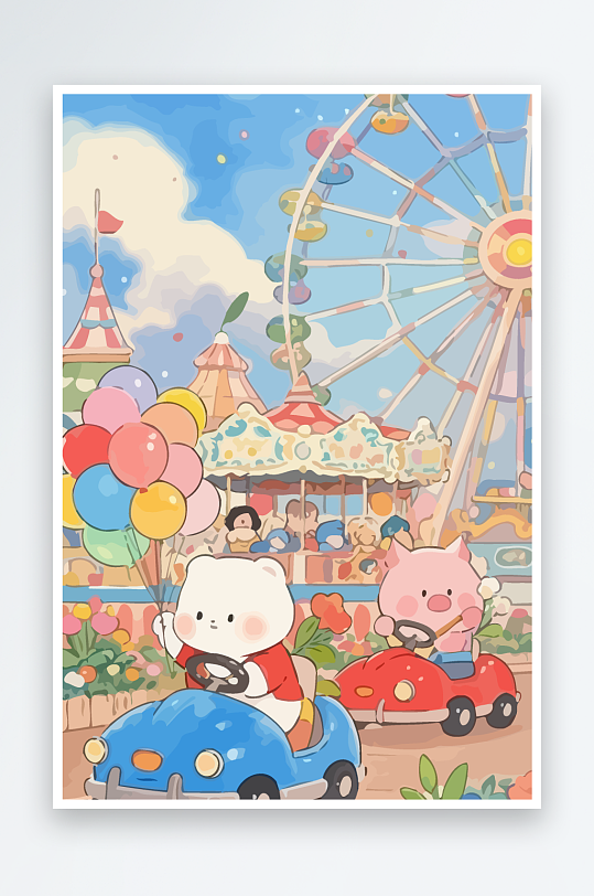 Q版游乐城开碰碰车的小猪元素-众图网