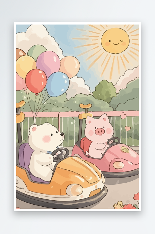Q版游乐城开碰碰车的小猪元素-众图网