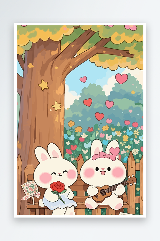 Q版两只兔子坐在大树下-众图网