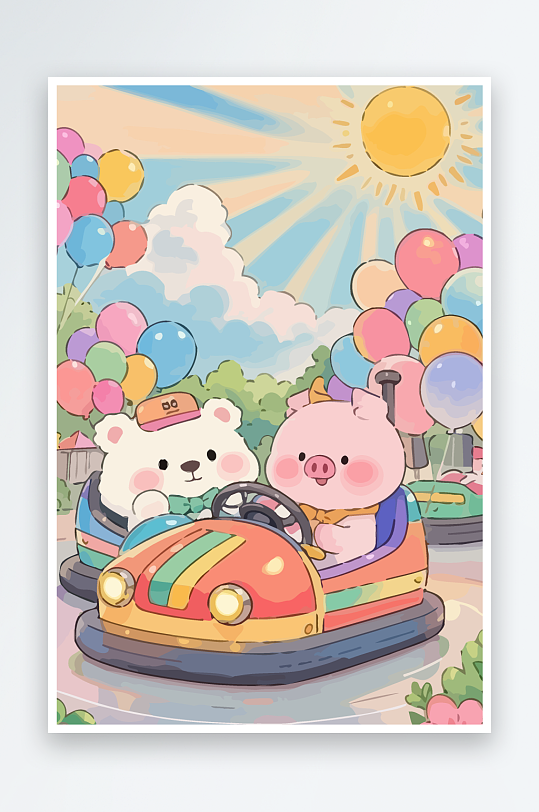 Q版游乐城开碰碰车的小猪元素-众图网