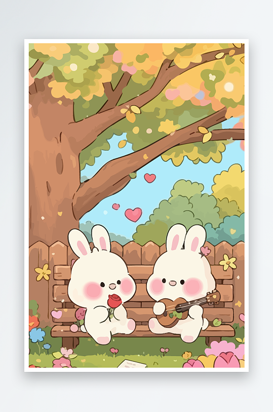 Q版两只兔子坐在大树下-众图网