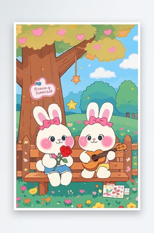 Q版两只兔子坐在大树下-众图网