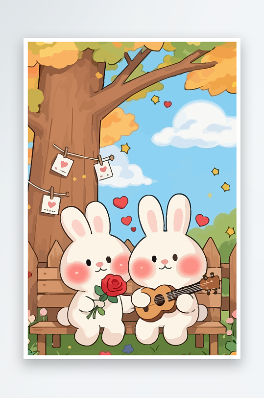 Q版两只兔子坐在大树下-众图网