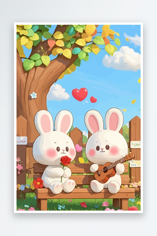 Q版两只兔子坐在大树下-众图网