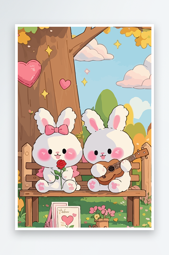 Q版两只兔子坐在大树下-众图网