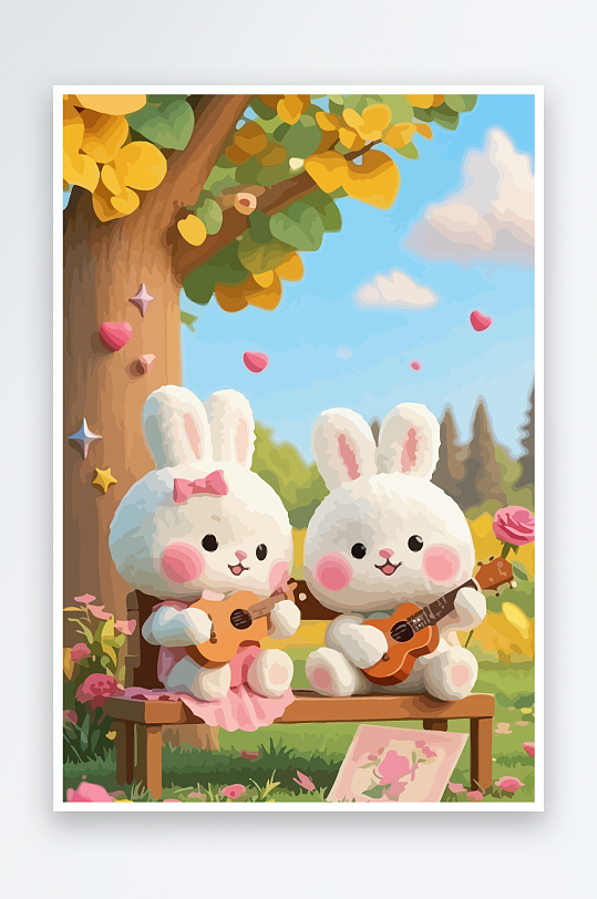 Q版两只兔子坐在大树下-众图网