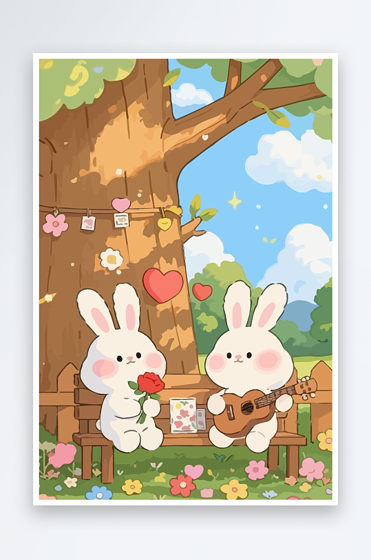 Q版两只兔子坐在大树下-众图网