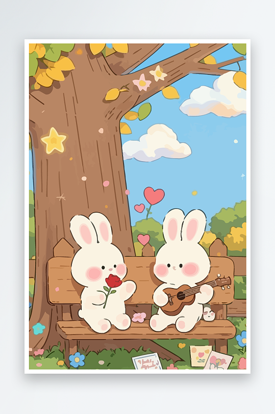 Q版两只兔子坐在大树下元素-众图网