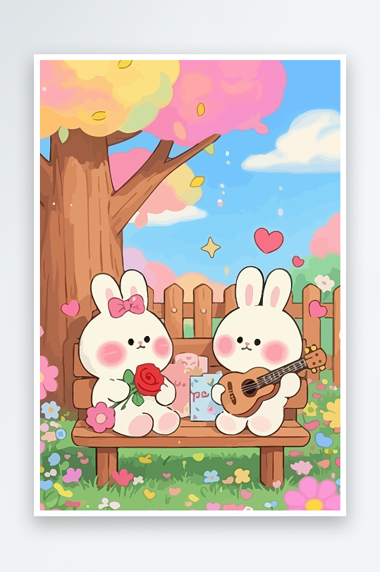 Q版两只兔子坐在大树下元素-众图网