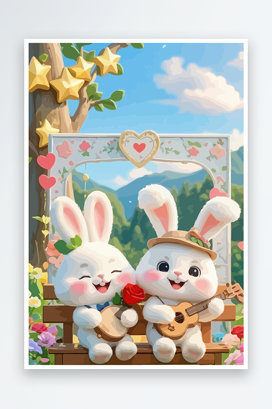 Q版两只兔子坐在大树下元素-众图网