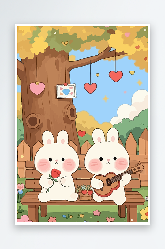 Q版两只兔子坐在大树下元素-众图网