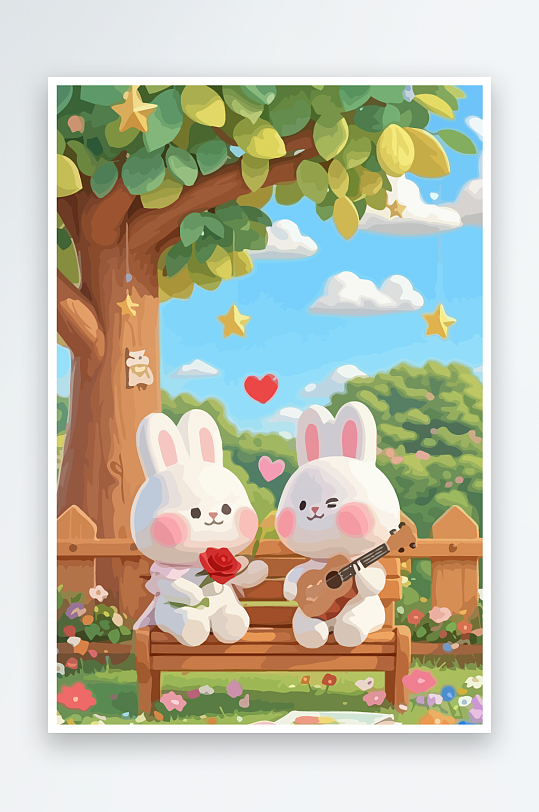 Q版两只兔子坐在大树下元素-众图网