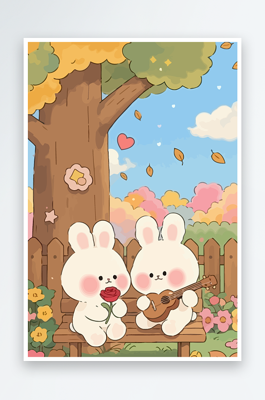 Q版两只兔子坐在大树下元素-众图网