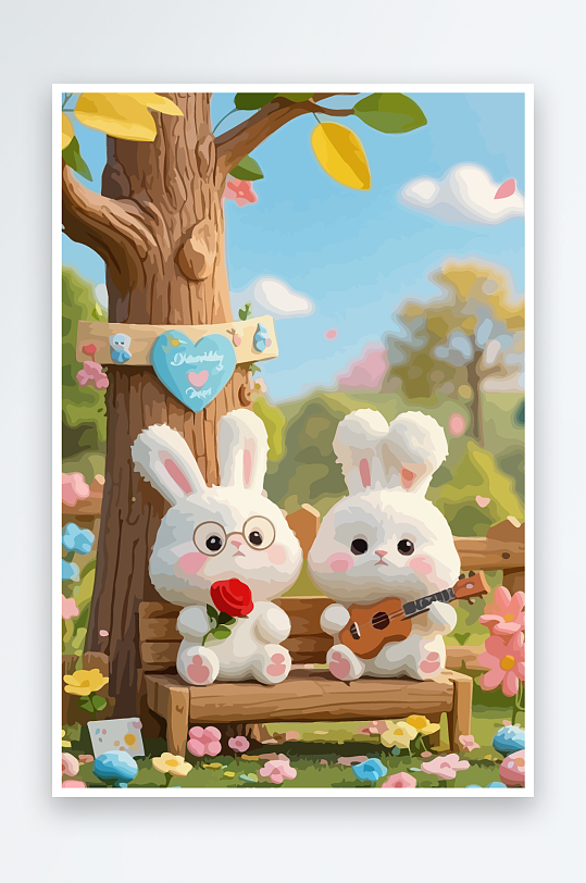 Q版两只兔子坐在大树下元素-众图网