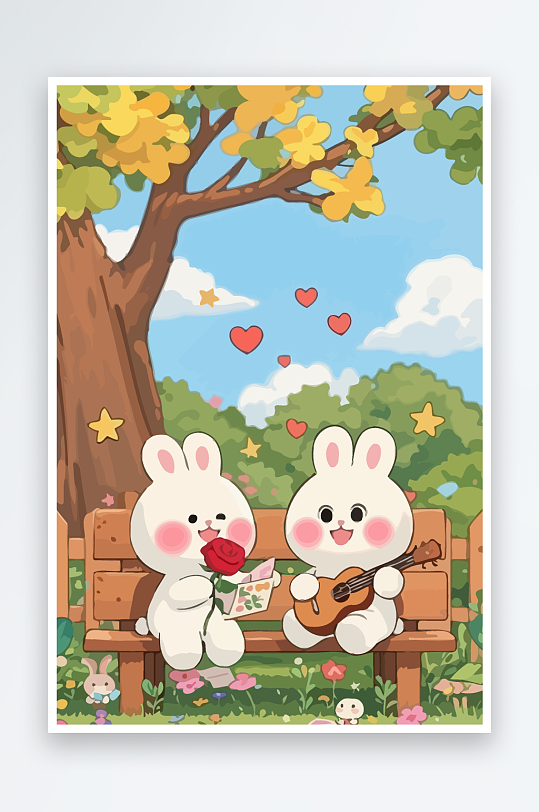 Q版两只兔子坐在大树下元素-众图网