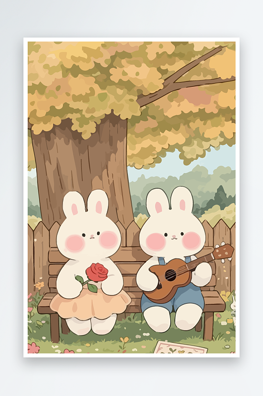 Q版两只兔子坐在大树下元素-众图网