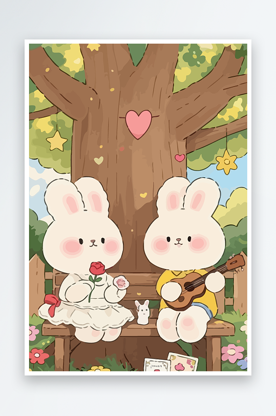 Q版两只兔子坐在大树下元素-众图网