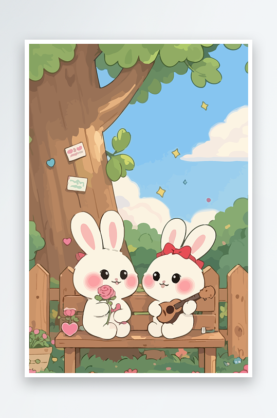 Q版两只兔子坐在大树下元素-众图网
