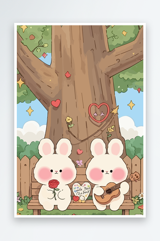 Q版两只兔子坐在大树下元素-众图网