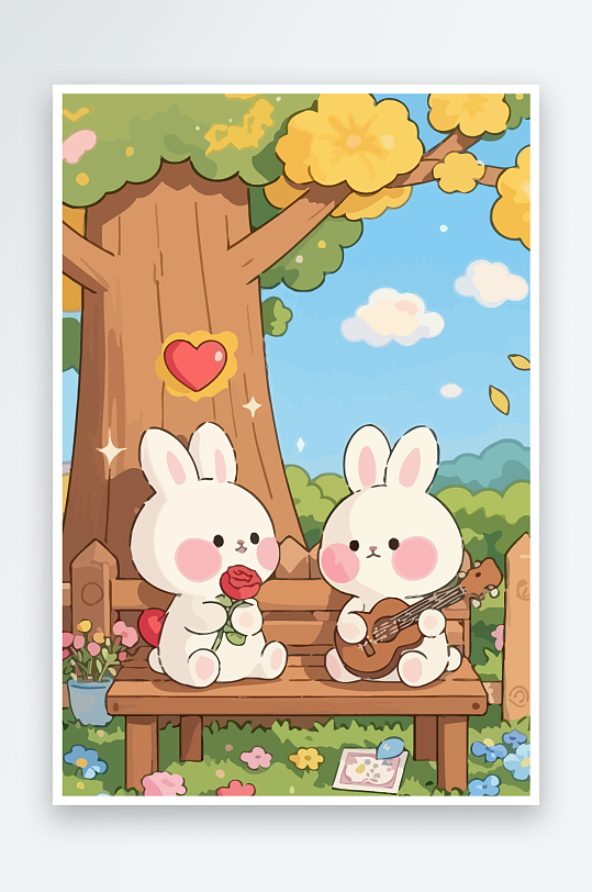 Q版两只兔子坐在大树下元素-众图网