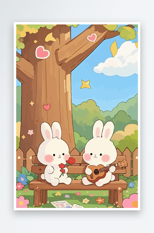 Q版两只兔子坐在大树下元素-众图网