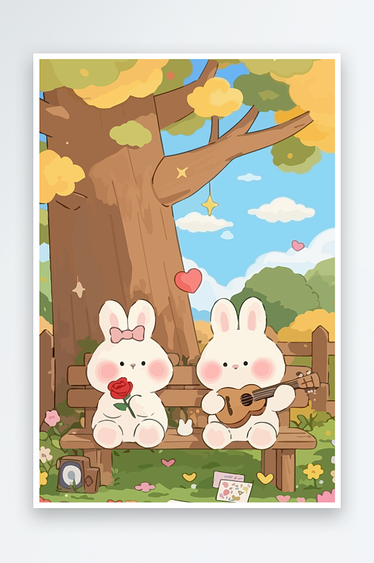 Q版两只兔子坐在大树下元素-众图网