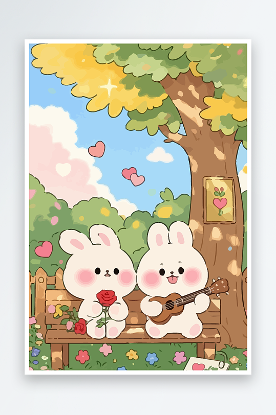 Q版两只兔子坐在大树下-众图网